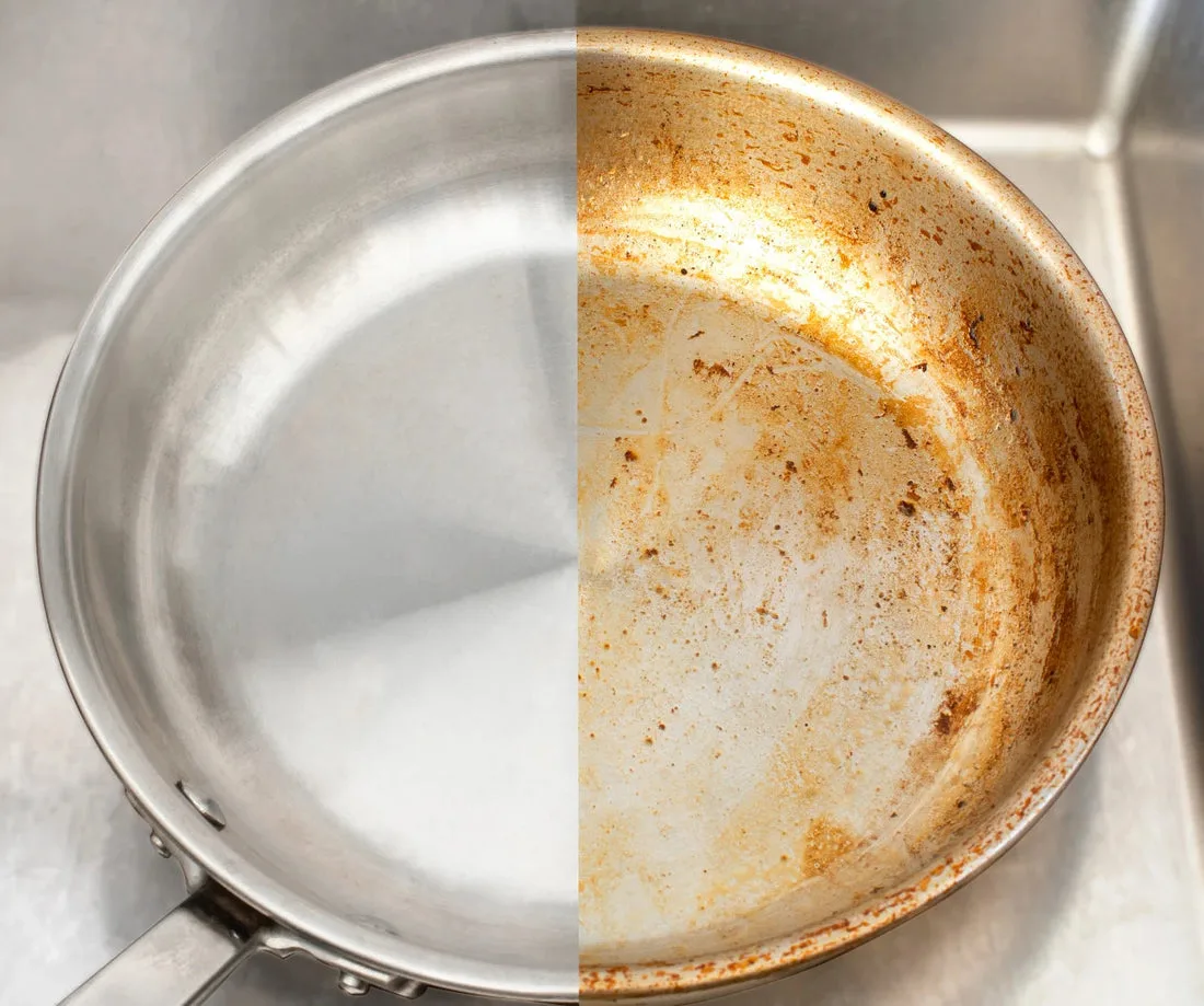 how to clean 5-ply stainless steel skillet and remove brown polymerized oil baked onto exterior brushed sidewall