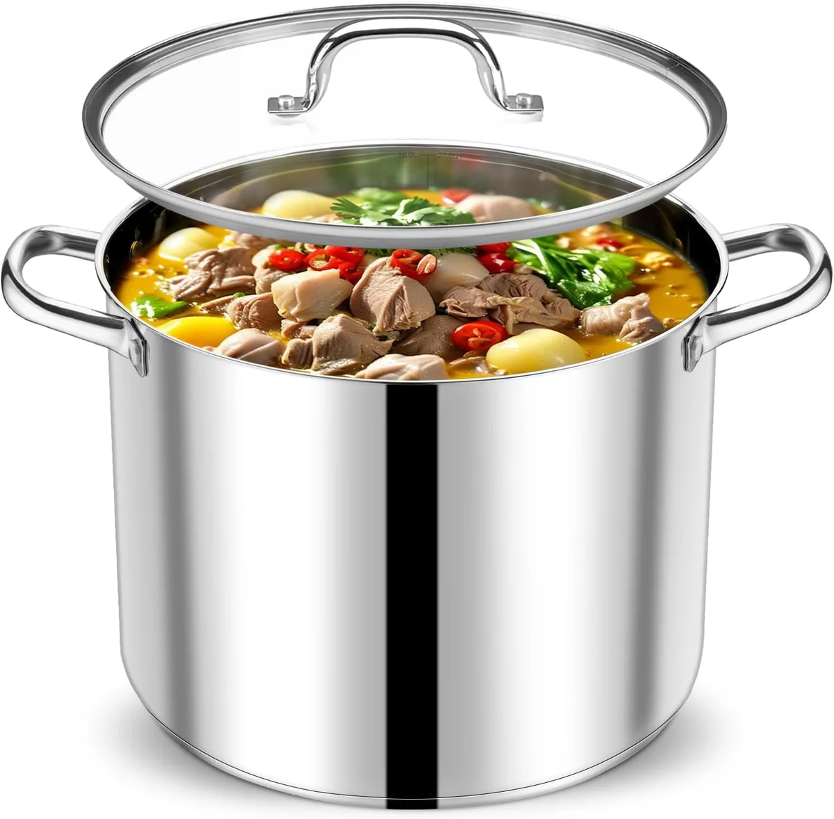 stainless steel stockpot filled with soup on a gas stove