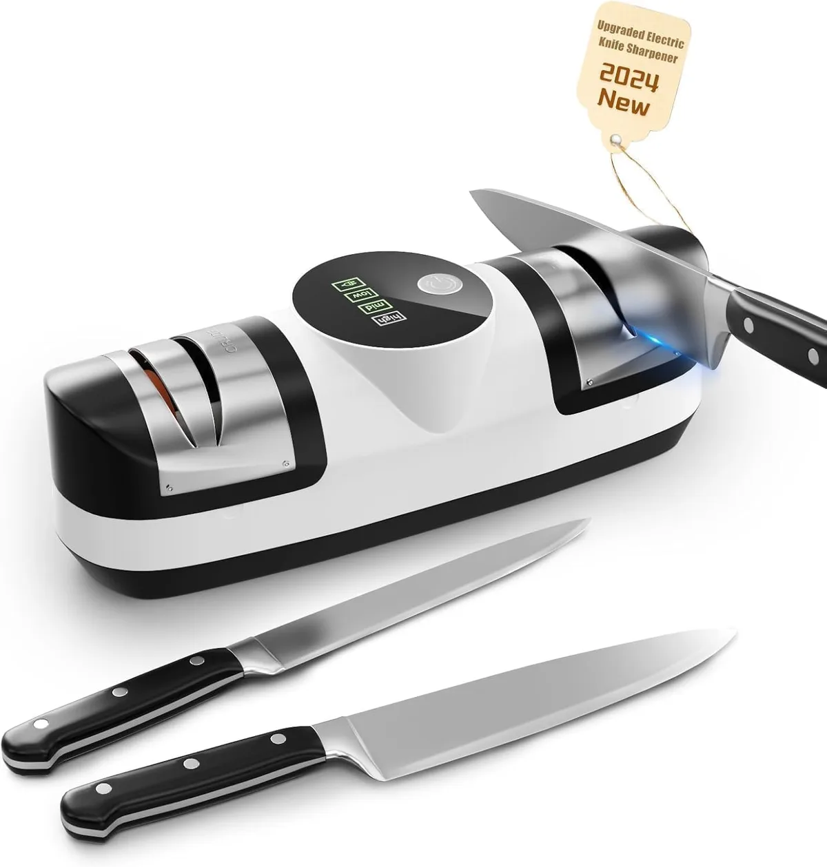 user hand pressing knife blade into sharpener slot