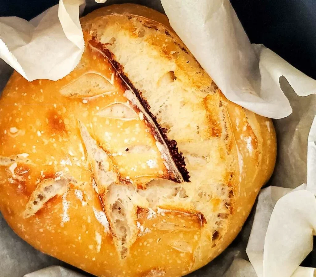 what temperature and cooking time for crusty artisan sourdough bread boule in ceramic coated dutch oven