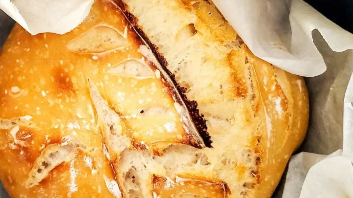 what temperature and cooking time for crusty artisan sourdough bread boule in ceramic coated dutch oven