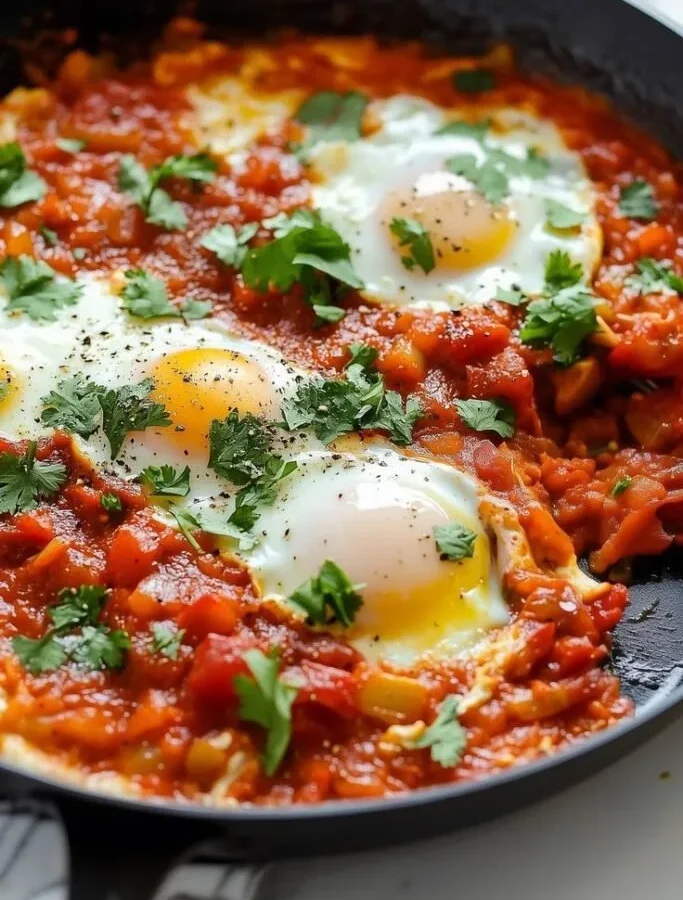 what temperature and cooking time for mediterranean shakshuka with poached eggs in enameled cast iron braiser