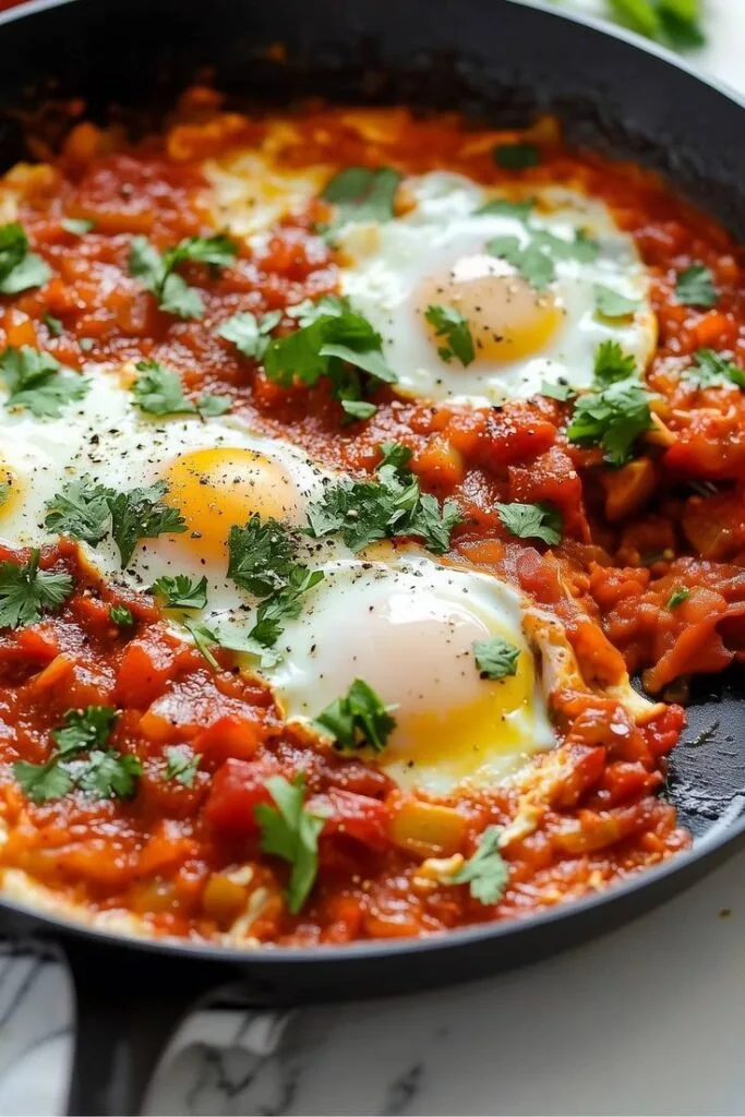 what temperature and cooking time for mediterranean shakshuka with poached eggs in enameled cast iron braiser