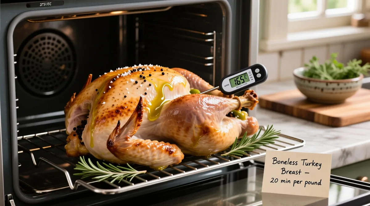 what temperature and cooking time for roasted thanksgiving turkey breast in leave in oven safe meat thermometer